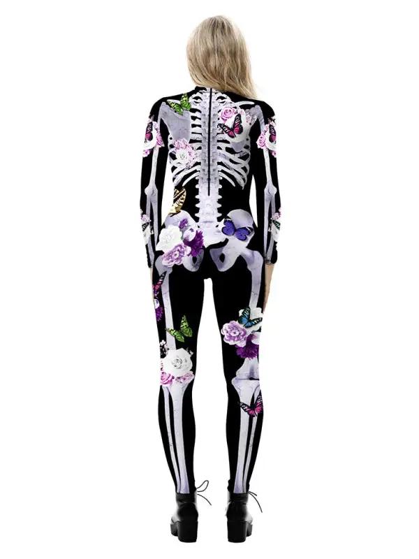Damernas Halloween Kostym Skeletttryck Blommor Mjuk Tyg 2