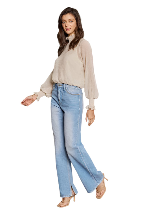 Damernas Högmidjade 90-tals Flared Jeans Ljus Denim 0