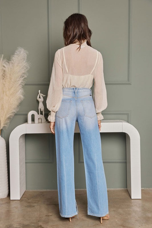 Damernas Högmidjade 90-tals Flared Jeans Ljus Denim 1