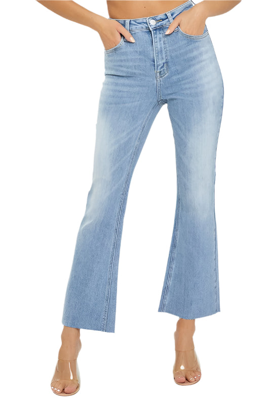 Damernas Högmidjade Cropped Flare Jeans i Ljus Denim 0