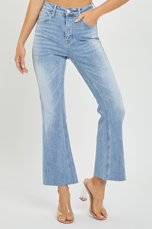 Damernas Högmidjade Cropped Flare Jeans i Ljus Denim 1