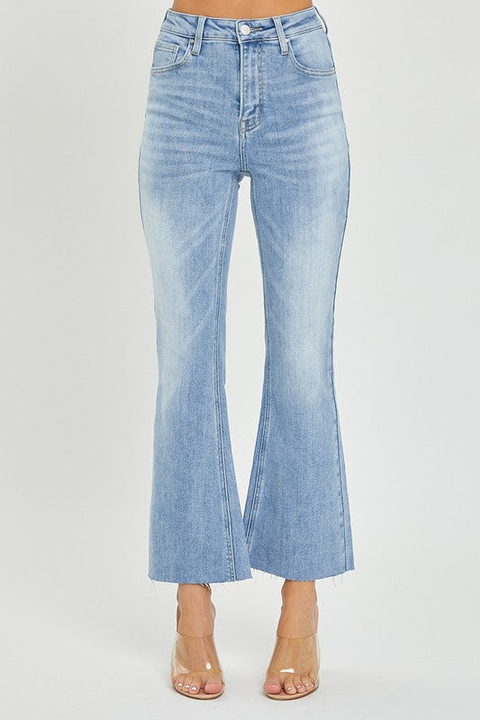 Damernas Högmidjade Cropped Flare Jeans i Ljus Denim 2
