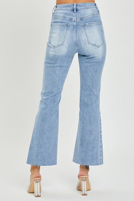 Damernas Högmidjade Cropped Flare Jeans i Ljus Denim 4