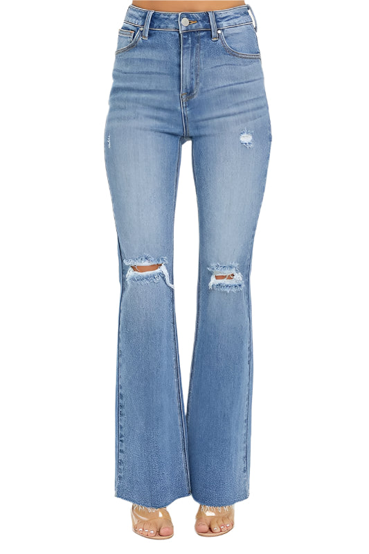 Damernas Högmidjade Distressed Flared Jeans Denim 0