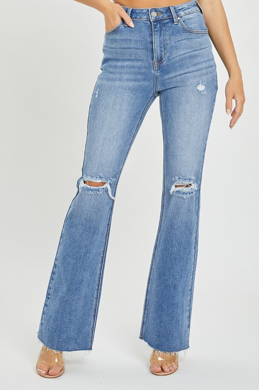Damernas Högmidjade Distressed Flared Jeans Denim 1