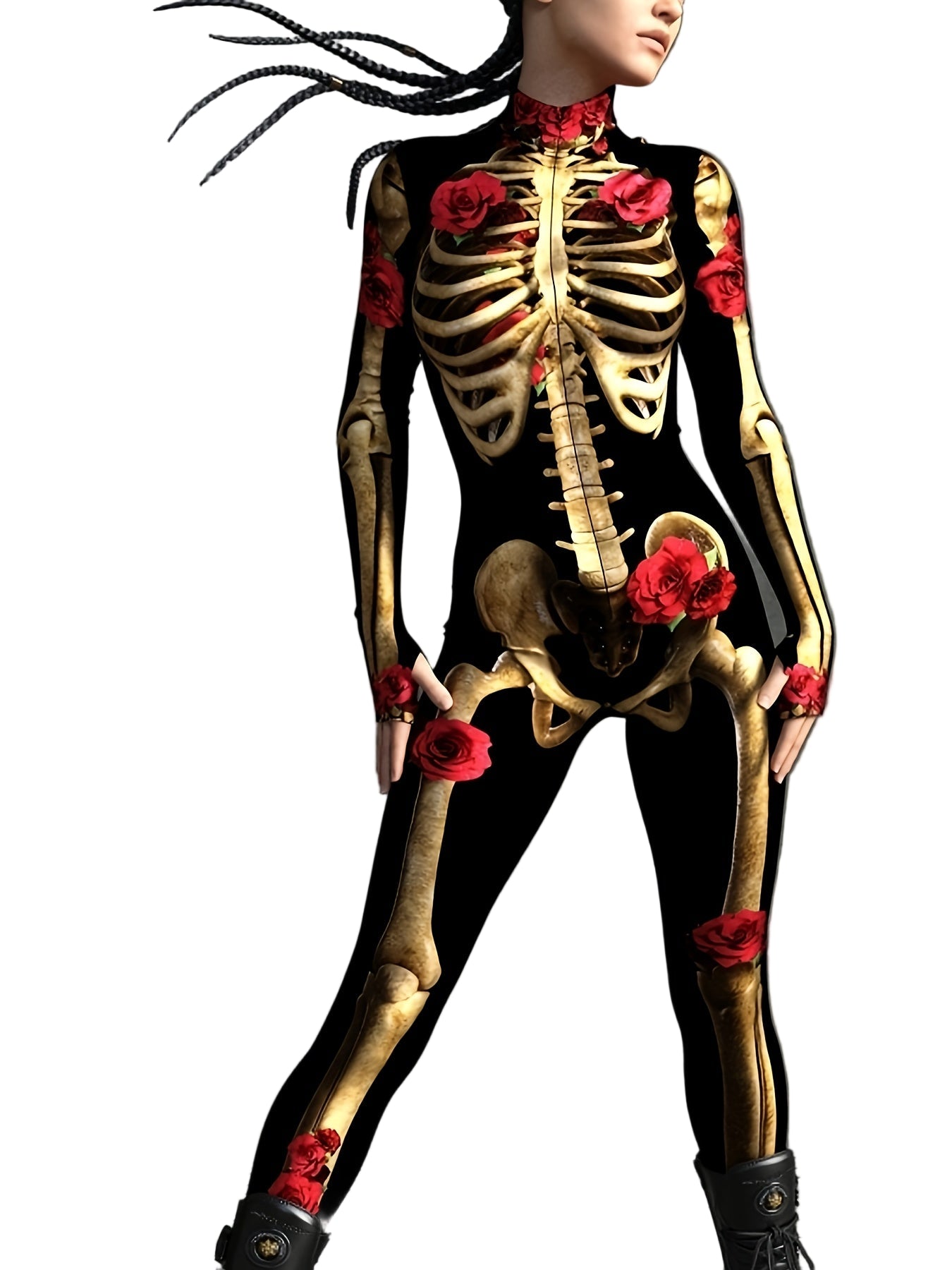 Damernas Jumpsuit Skeletttryck med Röda Rosor 0