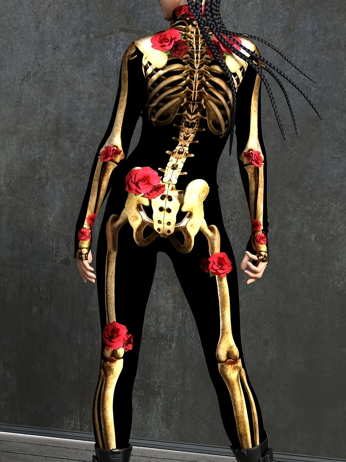 Damernas Jumpsuit Skeletttryck med Röda Rosor 2
