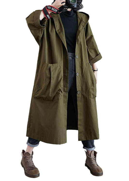 Damernas Lång Trenchcoat med Huva och Fickor 0