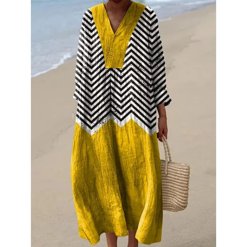 Damernas Långärmad Klänning V-ringad Färgblock Mjuk Material 10