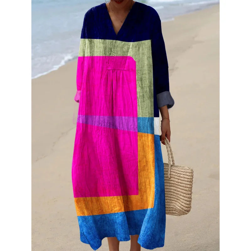 Damernas Långärmad Klänning V-ringad Färgblock Mjuk Material 12