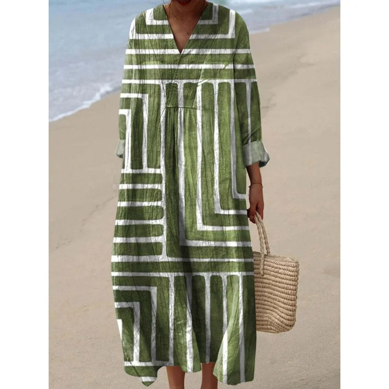 Damernas Långärmad Klänning V-ringad Färgblock Mjuk Material 18