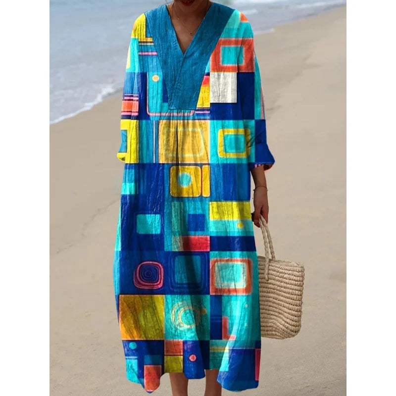 Damernas Långärmad Klänning V-ringad Färgblock Mjuk Material 20