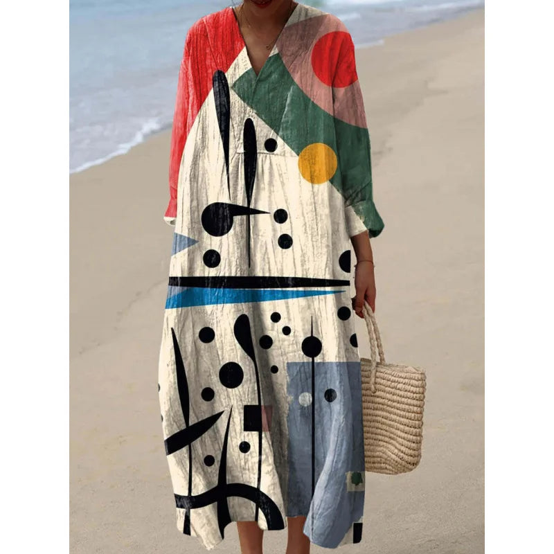 Damernas Långärmad Klänning V-ringad Färgblock Mjuk Material 22