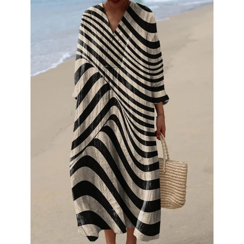 Damernas Långärmad Klänning V-ringad Färgblock Mjuk Material 25