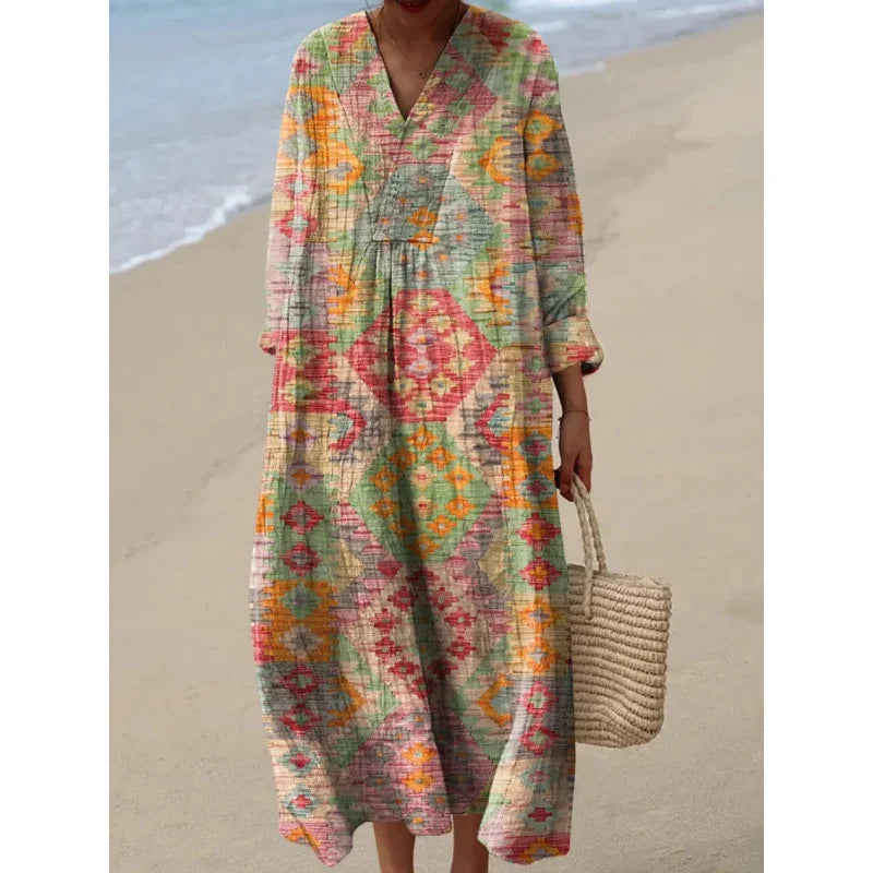 Damernas Långärmad Klänning V-ringad Färgblock Mjuk Material 29