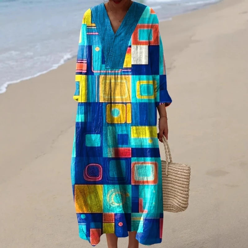 Damernas Långärmad Klänning V-ringad Färgblock Mjuk Material 3