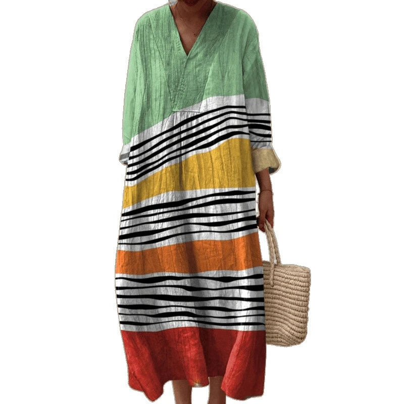 Damernas Långärmad Klänning V-ringad Färgblock Mjuk Material 4