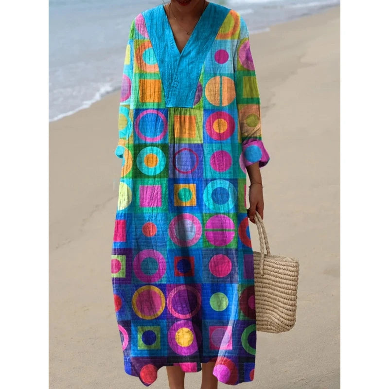 Damernas Långärmad Klänning V-ringad Färgblock Mjuk Material 5