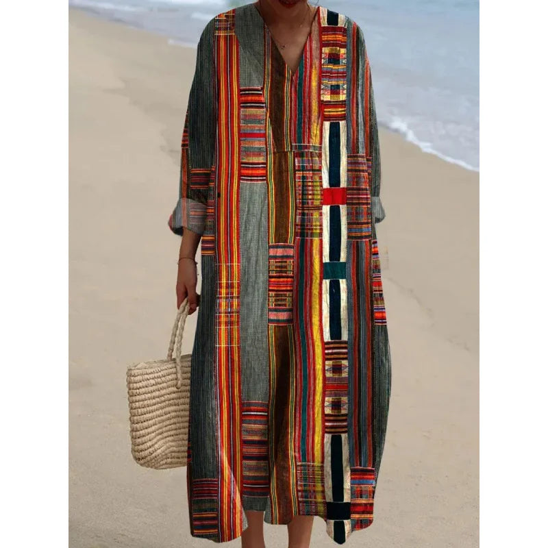 Damernas Långärmad Klänning V-ringad Färgblock Mjuk Material 6