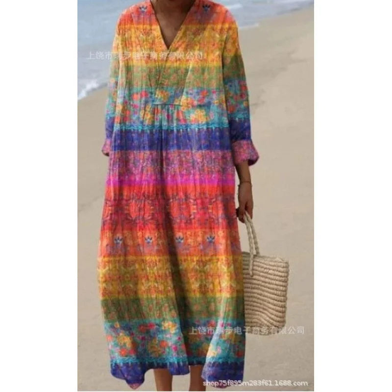 Damernas Långärmad Klänning V-ringad Färgblock Mjuk Material 7