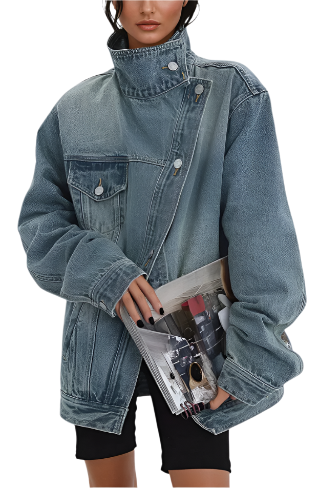 Damernas Oversized Denimjacka med Hög Krage och Asymmetrisk Design 0