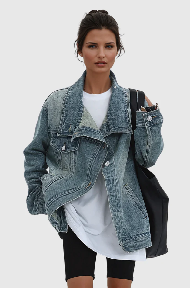 Damernas Oversized Denimjacka med Hög Krage och Asymmetrisk Design 3