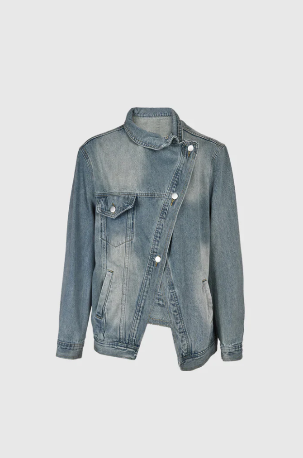 Damernas Oversized Denimjacka med Hög Krage och Asymmetrisk Design 5