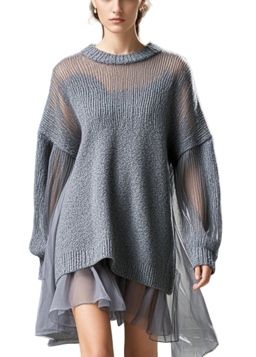 Damernas Oversized Klänning i Grå Tulle och Stickad Design 0
