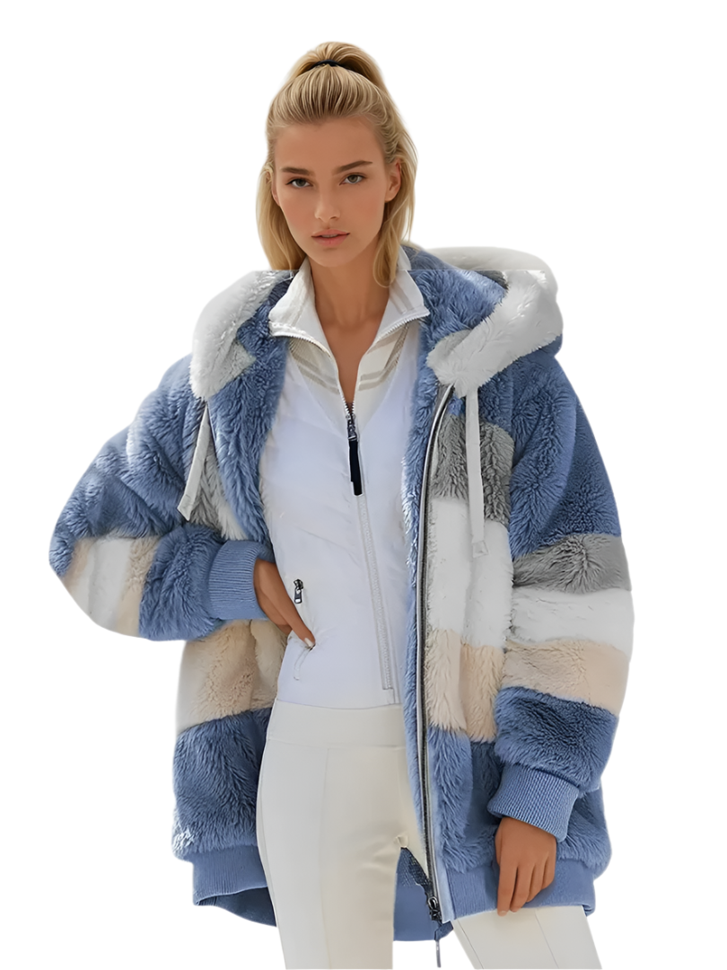 Damernas Padded Plush Coat med Kontrasterande Design 0