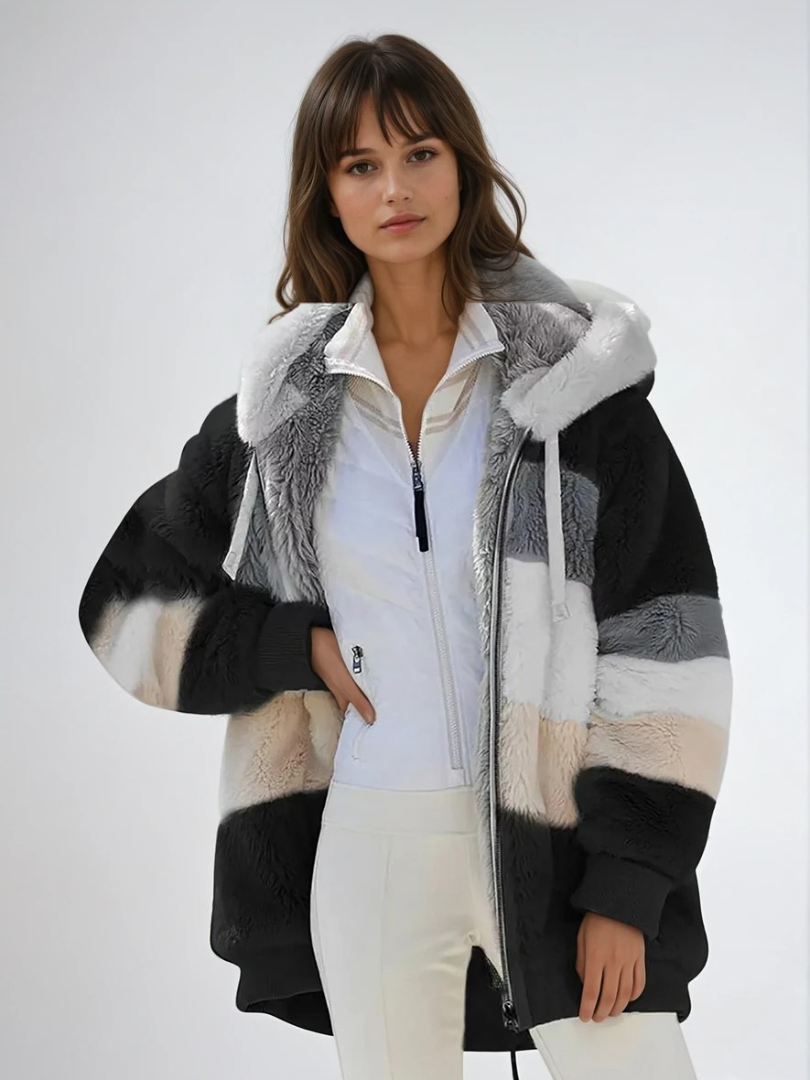 Damernas Padded Plush Coat med Kontrasterande Design 1
