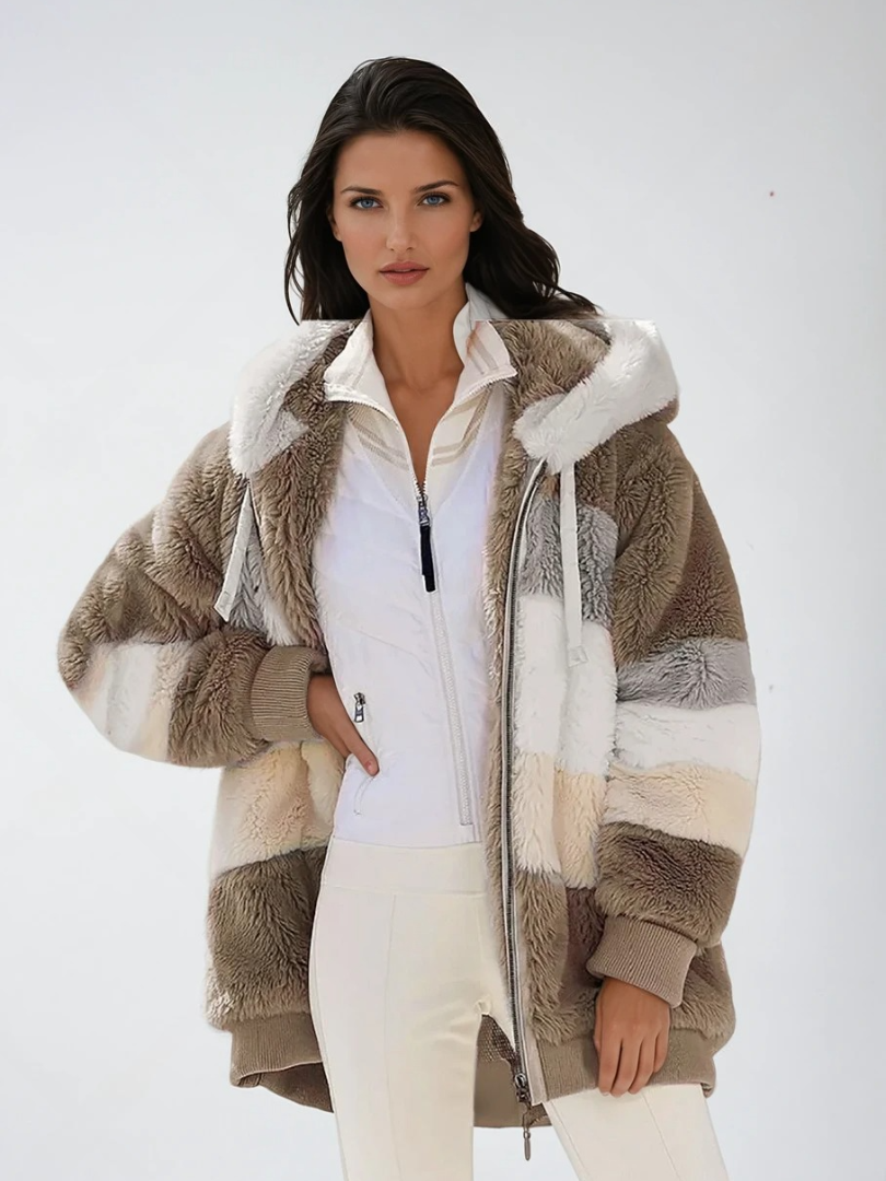 Damernas Padded Plush Coat med Kontrasterande Design 2