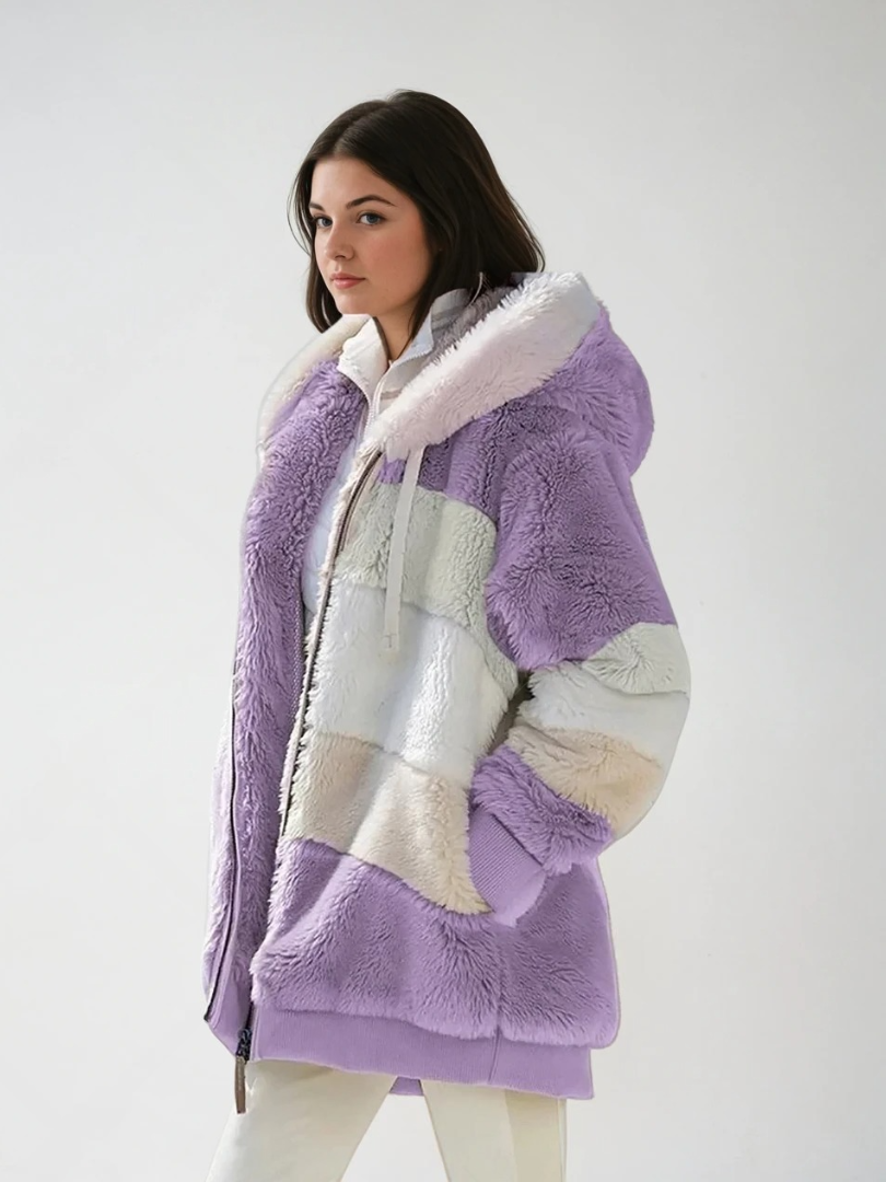 Damernas Padded Plush Coat med Kontrasterande Design 3