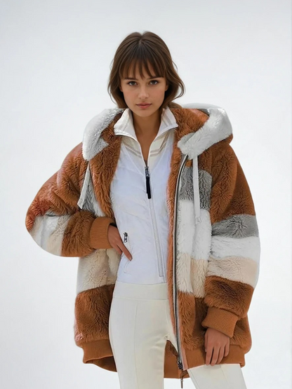 Damernas Padded Plush Coat med Kontrasterande Design 4