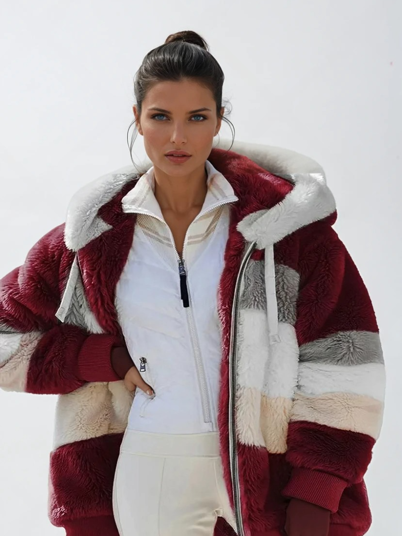 Damernas Padded Plush Coat med Kontrasterande Design 5