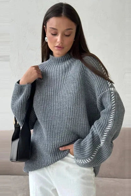 Damernas Patchwork Stickad Tröja Med Utsvängda Ärmar 6