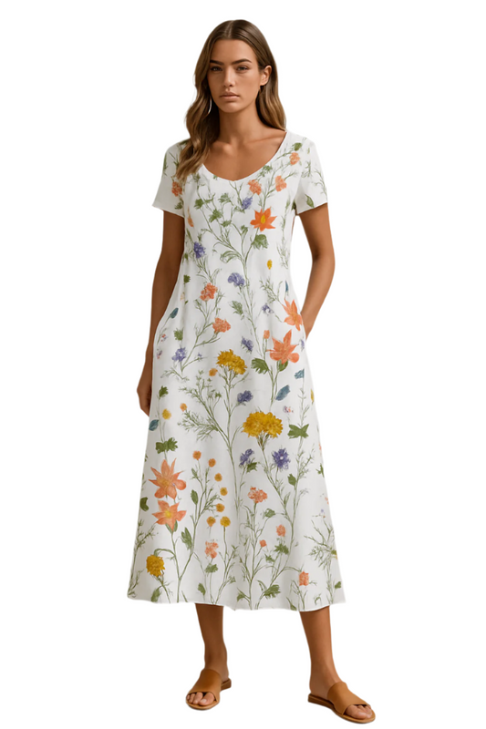 Damernas Sommar Klänning Kort Ärmar Blommönster 0