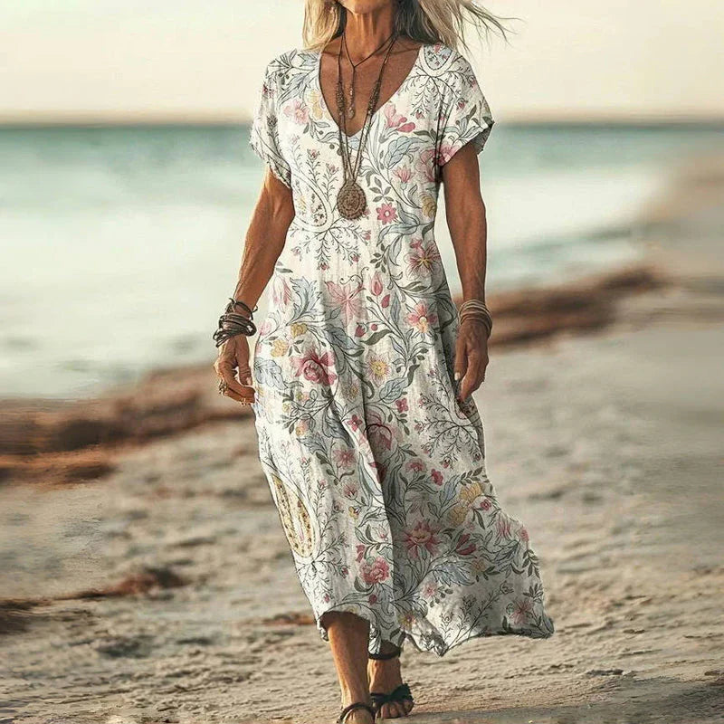 Damernas Sommarklänning V-Hals Flödande Design Lätt Vävd Tyg 2