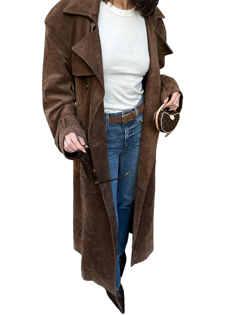 Damernas Trenchcoat i Suède Look Midi med Dubbelknäppning och Bälte 0