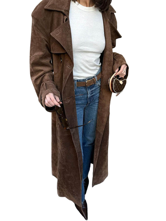 Damernas Trenchcoat i Suède Look Midi med Dubbelknäppning och Bälte 0