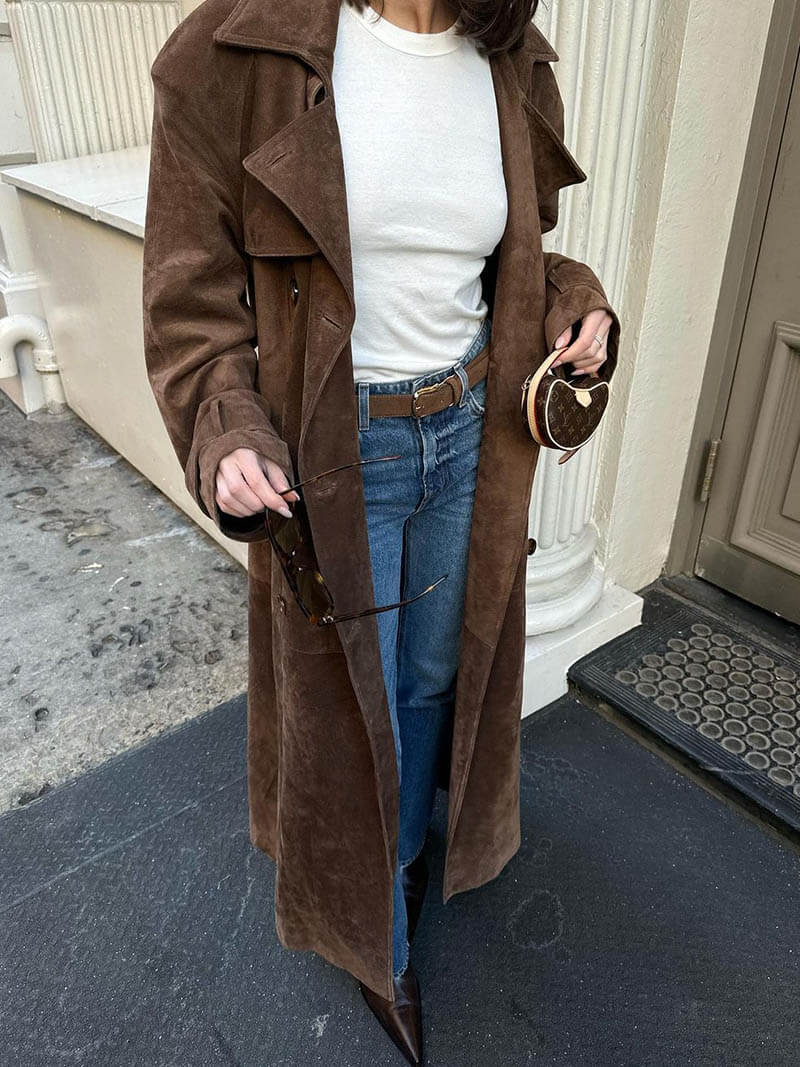Damernas Trenchcoat i Suède Look Midi med Dubbelknäppning och Bälte 1
