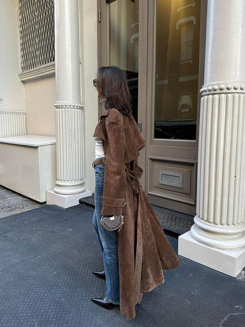 Damernas Trenchcoat i Suède Look Midi med Dubbelknäppning och Bälte 2