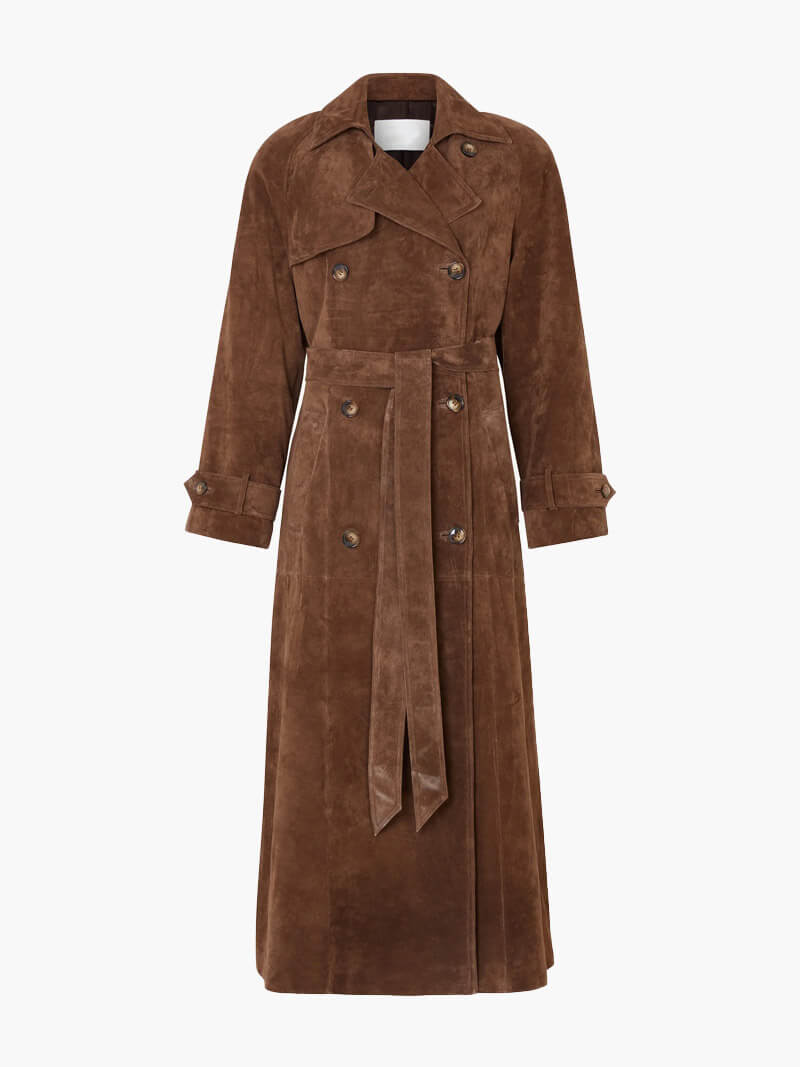 Damernas Trenchcoat i Suède Look Midi med Dubbelknäppning och Bälte 6