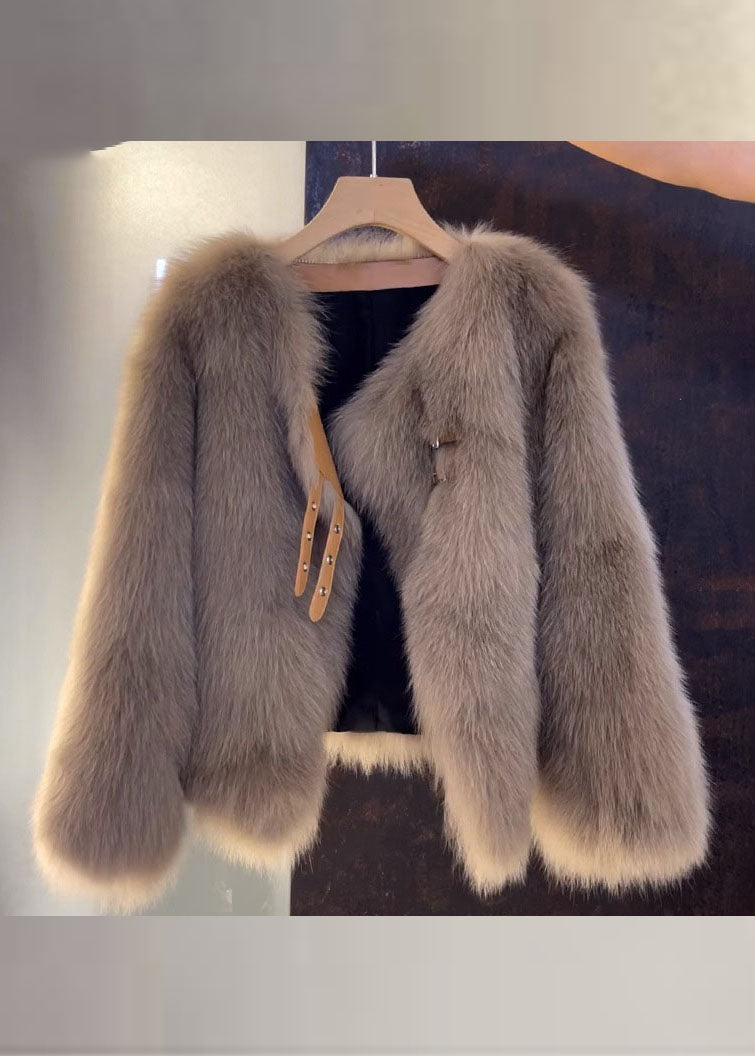 Damernas V-hals Läderrock med Pälsdetaljer 0