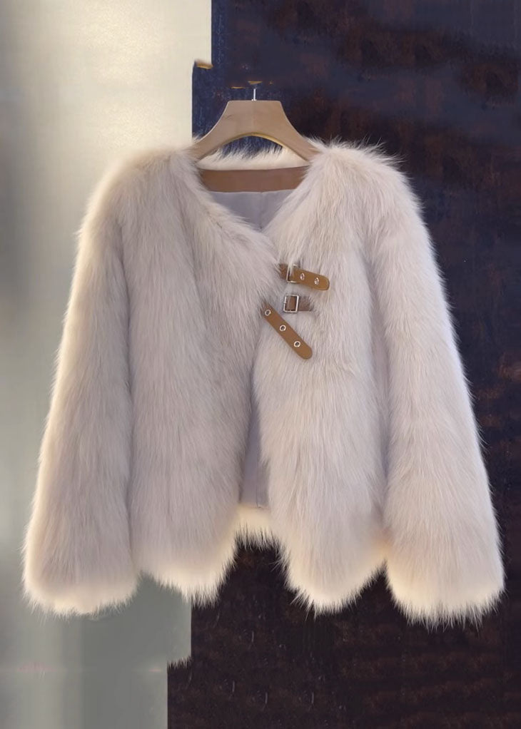 Damernas V-hals Läderrock med Pälsdetaljer 1