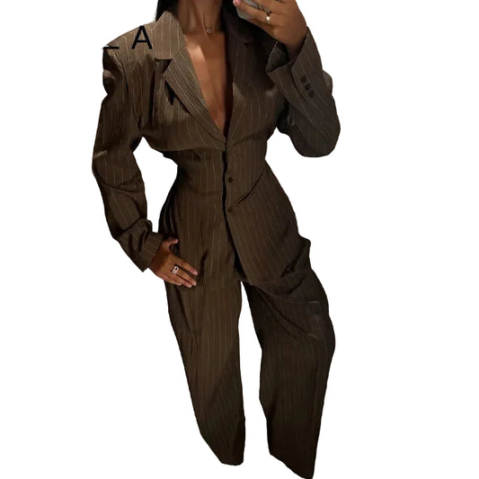 Damernas Vintage Blazer och Byxset med Hög Midja 0