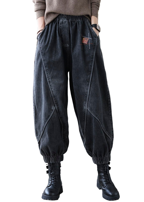 Damernas Vintage Denimbyxor med Elastisk Midja och Fickor 0