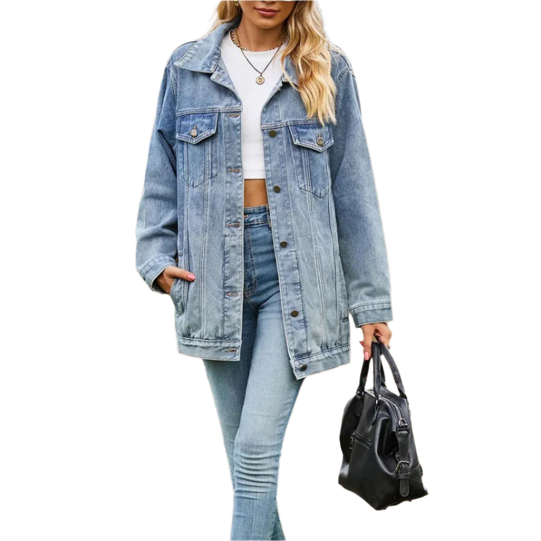 Damernas Vintage Denimjacka Klassisk Mid-längd Mjukt Material 0