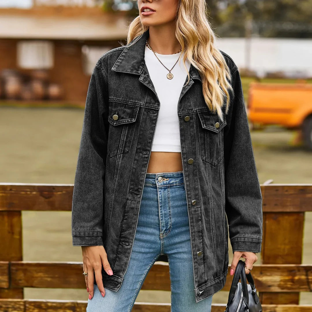 Damernas Vintage Denimjacka Klassisk Mid-längd Mjukt Material 1