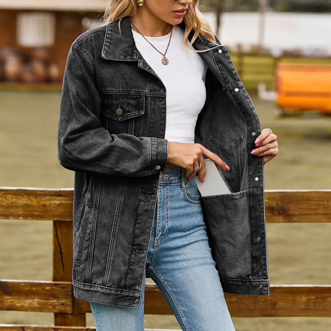 Damernas Vintage Denimjacka Klassisk Mid-längd Mjukt Material 2