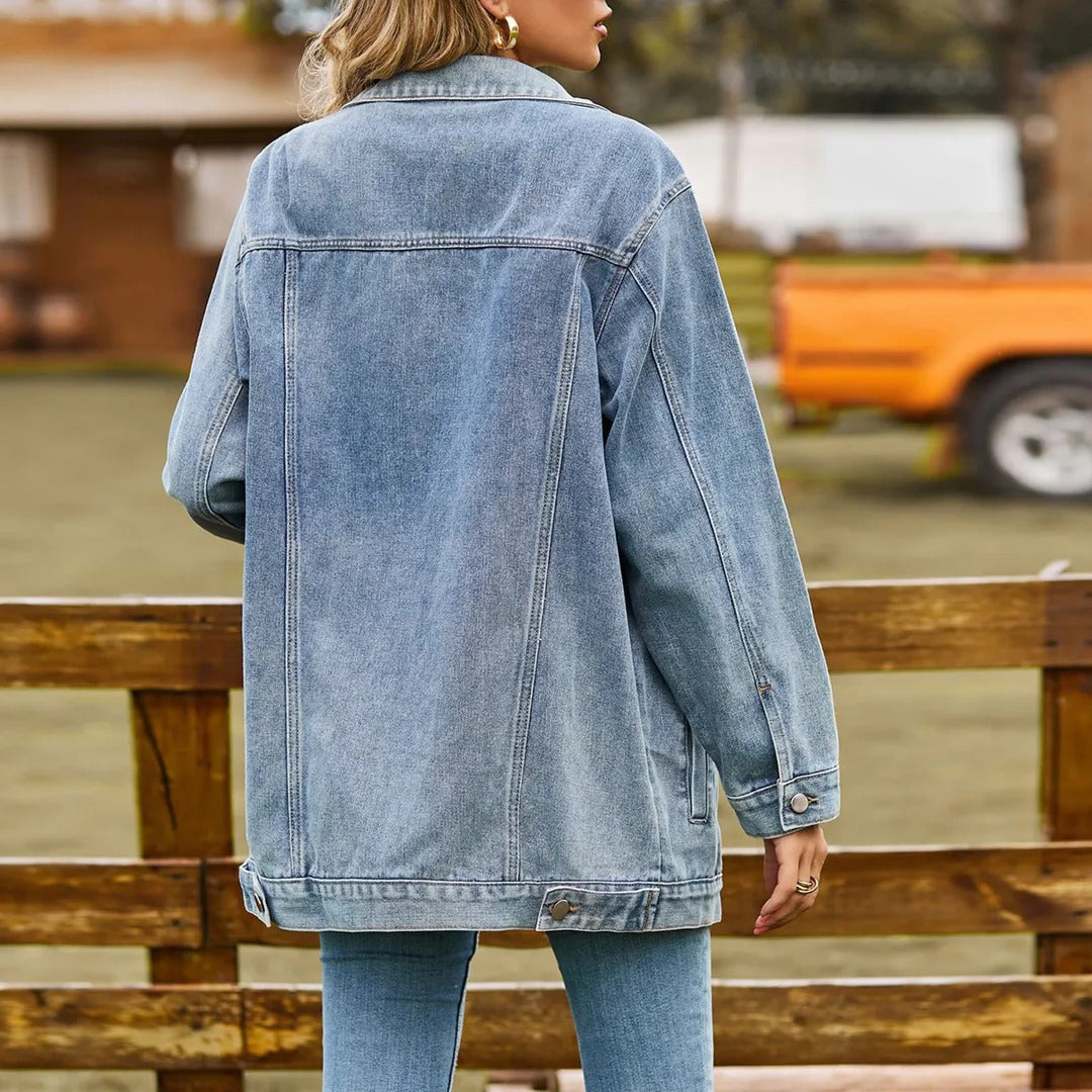 Damernas Vintage Denimjacka Klassisk Mid-längd Mjukt Material 3